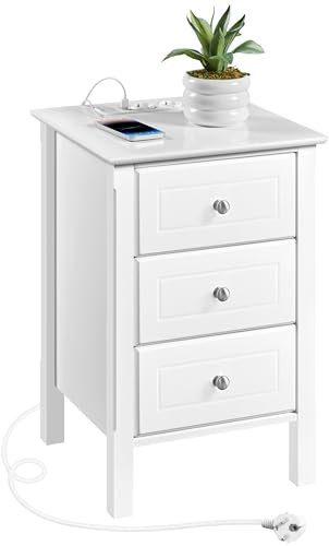 Yaheetech Nachttisch Beistelltisch mit Steckdose 2 Anschlüsse und 3 Schubladen Boxspringbett Nachtschrank Sofatisch Ablagetisch für Wohnzimmer/Schlafzimmer, Weiß