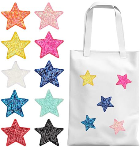 10 PCS Sequin Fabric Patches, Shiny Star Patches, Embroidery Iron on Star Patches, Glitter Stars Sequins Appliqué for Sewing Clothing Jeans Dress Repair Decoration