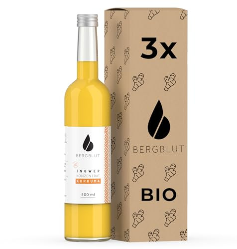 Bergblut Bio Ingwer Konzentrat mit Kurkuma – 3x 500 ml | Ingwerkonzentrat mit Kurkuma, Zitronen & Limetten | für Golden Milk, Limonade & als Shot | Vegan mit Agavendicksaft