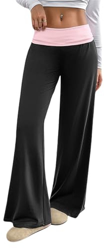 Color Block Low Rise Fold Over Waist Baggy Wide Leg Pants Damen Low Rise Sweatpants Yoga Wide Leg Loungehose, Schwarz , M