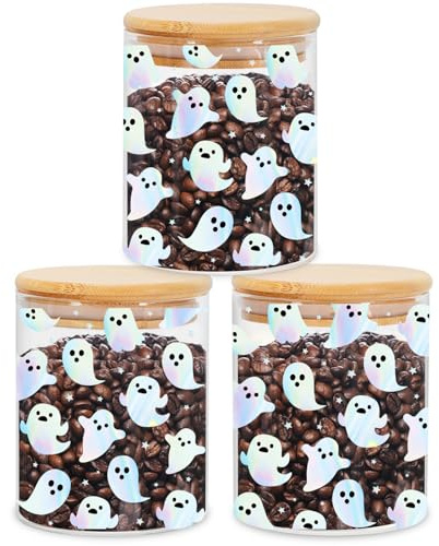 JarThenaAMCS Halloween-Vorratsdosen aus Glas mit luftdichtem Deckel, holografischer Geist, dekorative Behälter-Sets für Zuhause, Küche, Arbeitsplatte, 3 Stück