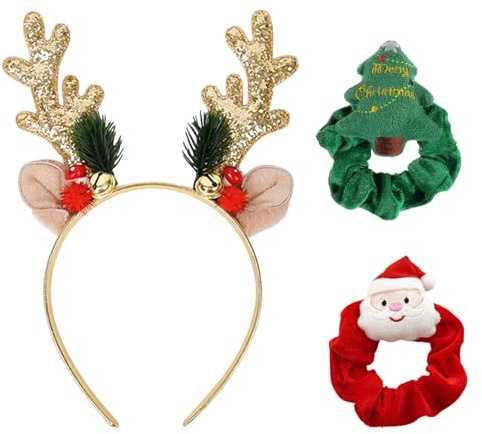 SSKHE Rentier-Weihnachts-Stirnbänder-Set, 3 Stück, Weihnachts-Haarbänder für Frauen und Kinder, Weihnachtsbaum-Haargummi, Weihnachtsmann-Pferdeschwanz-Halter, Glitzer-Weihnachts-Haarschmuck für Party