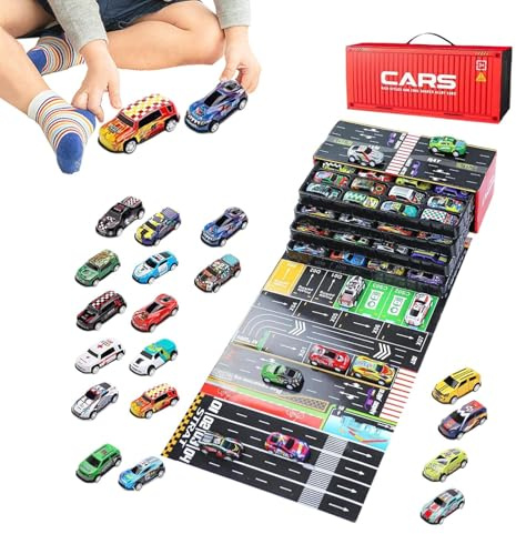 Mini-Autos, 48-teiliges Rennfahrzeug mit integrierter Garage – zurückziehbares Autospielzeug aus Druckguss-Metall | für Kinder, Geburtstag, Reisen, Klassenzimmer, Party, Spielaktivitäten
