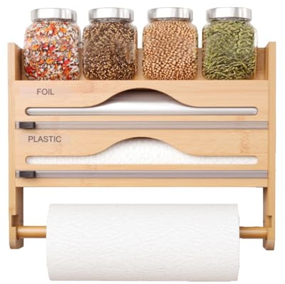 4-in-1 Küchenrollenhalter Wand aus Bambus mit Schneider für Wandmontage | Alufolienspender&Frischhaltefolie Halter,Papierhandtuchhalter & Gewürzregal,Platzsparender Küchen Organizer