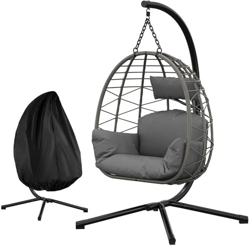 Rattan Hängesessel Eiform Mit Metallgestell & Schutzhülle - 150 kg Belastbar, Outdoor & Indoor Hängesitz Mit Kissen Für Garten, Terrasse, Balkon | Grau