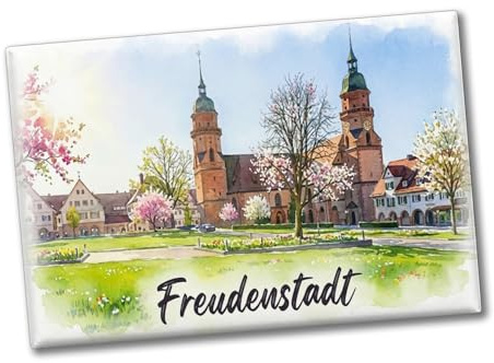 speecheese Souvenir Magnet Aquarellkirche Freudenstadt mit Kirschblüten | Aquarell-Souvenir mit Spruch - Souvenir Magnet fürs Büro