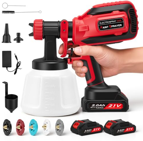 Akku Farbspritzpistole 21V HVLP Lackierpistole 800 ml/min mit 5 Düsen, 1200 ml Behälter & 2 Akkus – 3 Sprühmuster für Möbel, Zäune, Türen & DIY-Projekte