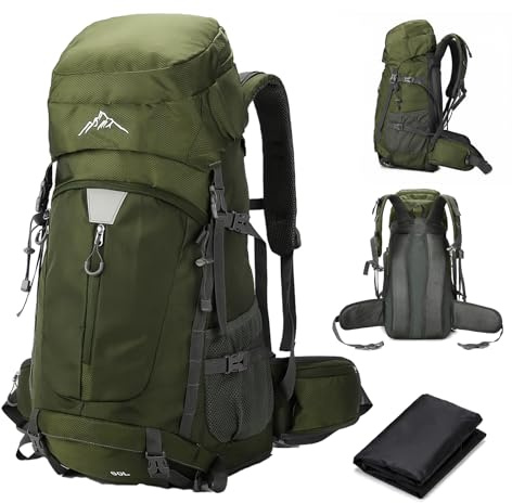 Mingfuxin Wanderrucksack Wasserdicht 60L, Leichter Campingrucksack Sportlicher Reiserucksack Trekkingrucksack mit Regenhülle für Damen Herren Bergsteigen Wandern Reisen Rucksackreisen Outdoor