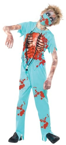 Smiffys Zombiekostüm Chirurg, Blau, mit blutiger Hose, Oberteil, Maske und Stethoskop