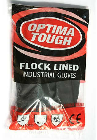 Optima Heavy Duty Flock Lined Black Rubber Gloves. Medium