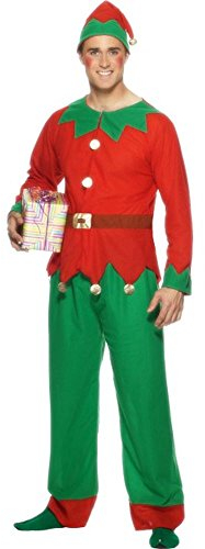 Smiffys Elf Costume, Red & Green with Top, Trousers & Hat, Christmas Adult Fancy Dress, Elf Dress Up Costumes