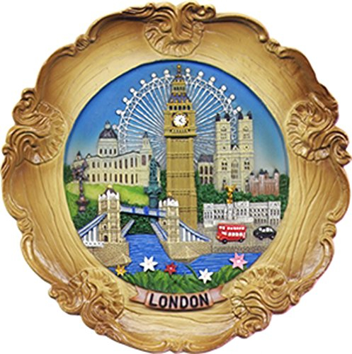 Wood Style Decorative Plate Detailing London Skyline: Big Ben, Tower Bridge and London Eye etc (Medium Ornate)