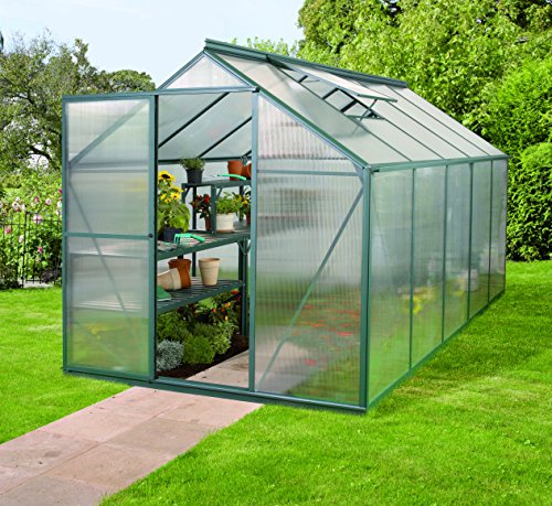 Gartenwelt Riegelsberger Gewächshaus Triton - Ausführung: 6200 HKP 4 mm dunkelgrün, Fläche: ca. 6,3 m², mit 2 Dachfenster, Sockel: 1,90 x 3,15 m