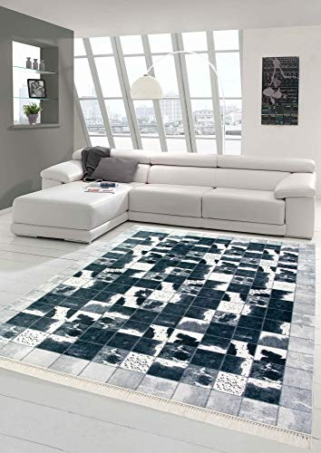Merinos Kuhfell Imitat Teppich Patchwork in Schwarz Grau Weiß Größe 80 x 300 cm