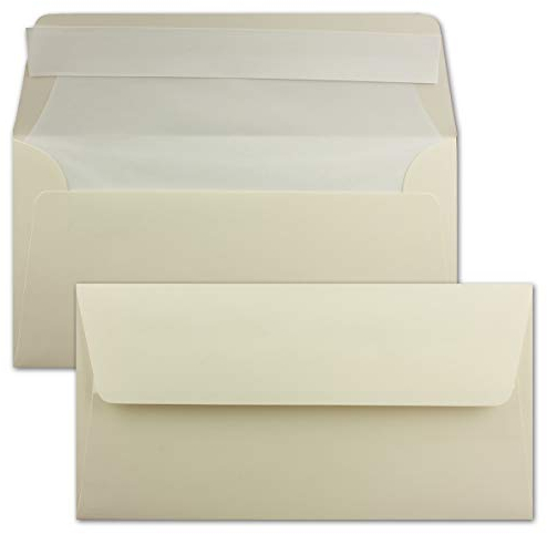 50x Briefumschläge DIN Lang 11 x 22 cm gerippt in Creme gefüttert mit weiß em Seiden-Papier 110 g/m² Haftklebung