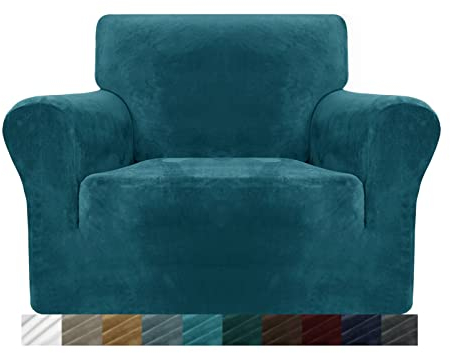 MAXIJIN Dicke Samt Stuhlhussen für Sessel Stretch rutschfeste Sofabezug 1-Sitzer Hunde Katze Haustier Wohnzimmer 1-teiliger Sofa Protector Stuhl Schonbezug (1 Sitzer, Schwarzgrün)