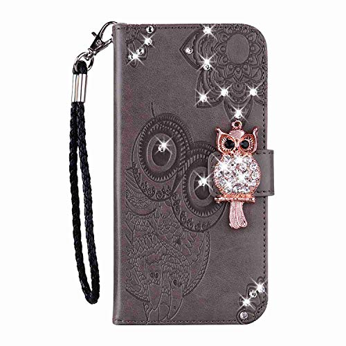 Reevermap iPhone SE 2022 Hülle iPhone SE 2020, iPhone 8 Handyhülle iPhone 7Flipcase Kredit Karten Fach Geldklammer Leder Tasche Glitzer Bling Eule Schale Schutzhülle, Grau