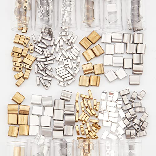nbeads Environ 468 Pcs 3 Tailles Perles Tila, 3 Couleurs Perles de Rocaille en Verre 2 Trou 1/4 Perles de Tila Demi-Perles de Tila Mini Perles pour Bracelet Fabrication de Bijoux