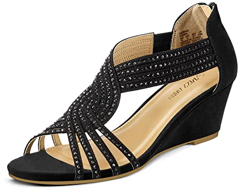 PIZZ ANNU Sandalen Damen Glitzer Strass Sandaletten mit Keilabsatz Reißverschluss Plateau Sommer Frauen Schuhe Keilsandalen Elegant Bequem Sommerschuhe Schwarz EU 42