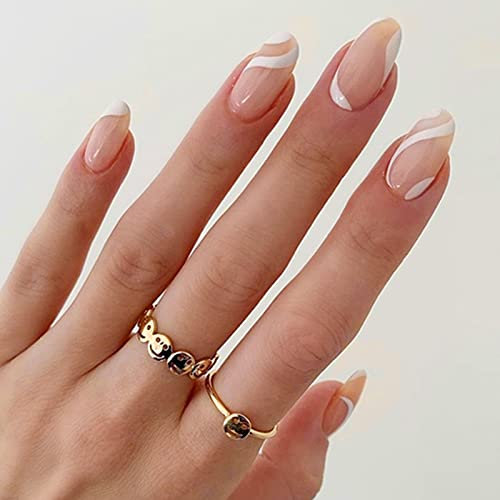 24Pcs Almond False Nails Short, White Elegant French Press on Nails with Wavy Pattern, Stiletto Stick on Nails Removable Nude Design Fake Nail for Women Girls
