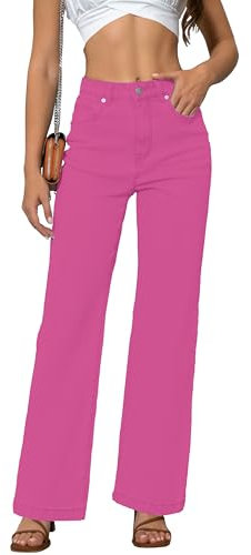 ETTELO Jean pour femme taille haute jambe droite, ample, extensible, léger, contrôle du ventre, jeans tendance pour femmes 2025, rose rouge, 38