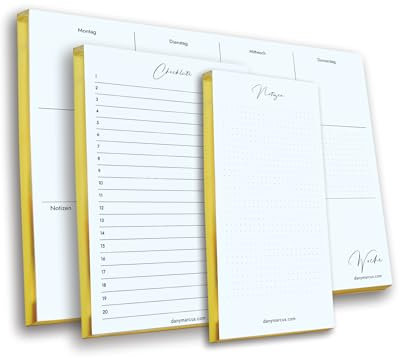 Dany Marcus Notizblock Set mit Goldschnitt, Wochenplaner, Checkliste Notizblock, Terminplaner, To-Do-Liste