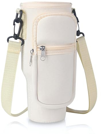MultiValue Water Bottle Carrier Bag for Stanley Cup, Fashion Water Bottle Holder with Strap Phone Pocket, Water Bottle Pouch Bag Fits Stanley 40oz Tumbler for Walking and Hiking (Beige)