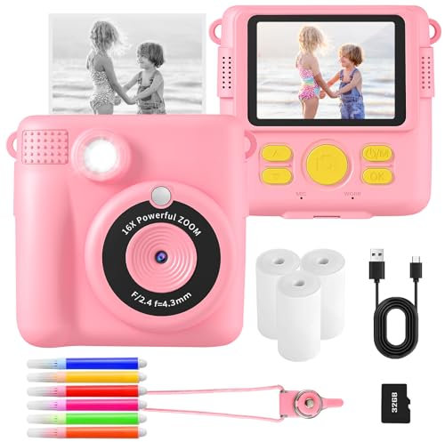 AORILE Kids Instant Print Camera, 1080P HD Digital Camera with 32G SD Card, 3 Rolls Photo Paper & 6 Color Pens, for 3-14 Year Old Girls (Pink)
