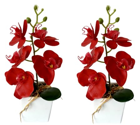 XIZHI Confezione da 2 orchidee artificiali con vaso, 25,4 cm, bonsai, fiori di seta, orchidea farfalla, con vaso, per matrimoni, ufficio, casa, centrotavola per interni (rosso)