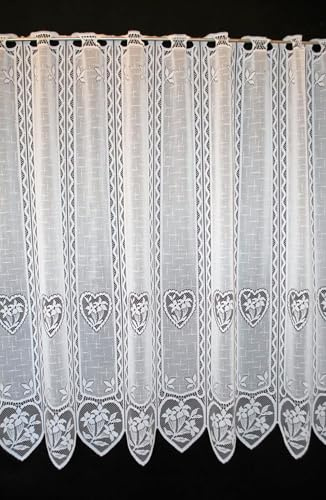 Gardinen Kranzusch Scheibengardine Enzian im Herz 90x99 cm H/B Weiß Bistrogardine Vorhang Küche 1er Pack
