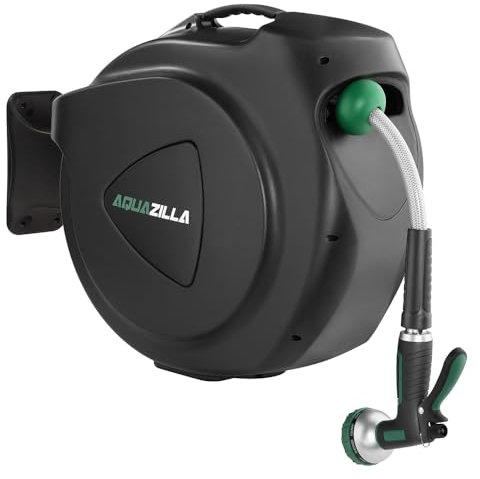 Retractable Garden Hose Reel, 120Ft x 1/2 Durable Wall Mounted Water Hose Reel with 180¡ãSwivel Bracket, 9 Pattern Sprayer, 6Ft leader hose, Smooth Automatic Rewind, Any Length Lock.