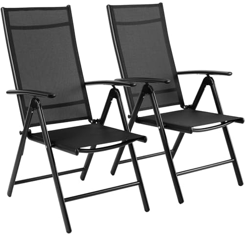Gartenstühle Hochlehner Verstellbar, Aluminium Balkonstuhl Klappbar, 7-Fach Verstellbare Lehne, Wetterfest, Rostfrei, Bis 120 kg, Outdoor Esszimmerstuhl, Alu Campingstühle- 2er Set, Schwarz 2pcs