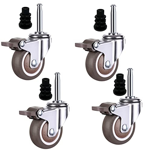 Gummi-Möbelrolle mit Bremse, 50 mm Lenkrolle mit Zapfen, 4 bewegliche Lenkrollen, mit drei Größen von Steckhülsen, Ersatzrollen, 21 mm Rohrhülse