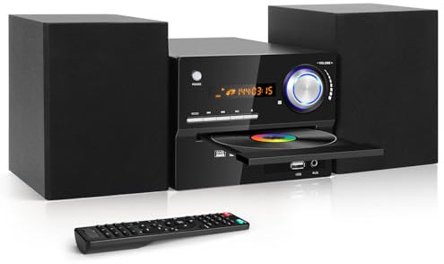 Compact Stereo System, DVD-802 Multi-Function Home Bluetooth Speaker with CD DVD Player/FM Radio/AUX Input/USB Input/MIC Input/RCA Output, Premium 30W RMS 3-Piece Sound System for TV (Glossy Black)