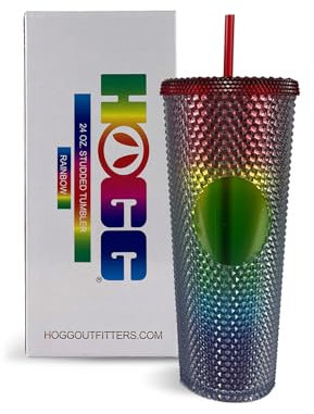 Hogg 24oz Studded Tumbler - Rainbow, Iced Coffee Cups with Lids Reusable, 24 oz Tumbler with Lid and Straw, Venti Reusable Iced Coffee Cup, Bling Cup, DIY Circle for Vinyl or Stickers, Rainbow Tumbler