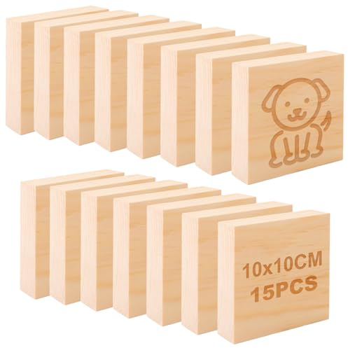 CYEER Lot de 15 blocs de bois non traités - 10 x 10 x 2,5 cm - Pour l'art et l'artisanat, panneau en bois MDF - Carrés - Idéal pour l'artisanat, la peinture, les projets de bricolage