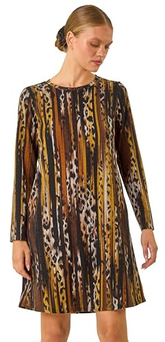 Roman Originals Women Shift Dress with Pockets - Ladies Autumn Winter Tunic 3/4 Length Sleeve Knee Length Smart Casual Office Work Cocktail Party Round Neckline Comfy Soft - Tan Multi - Size 12