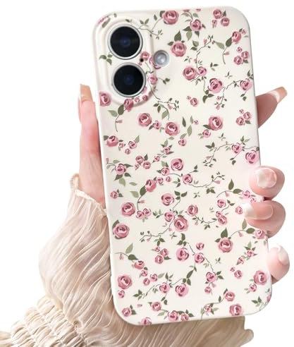 NITITOP Compatible with iPhone 16 Case Cute Flower for Women Girls Floral Pink Rose Design Vintage Shockproof Soft Girly Slim TPU Fashion Protective Phone Cover - Pink