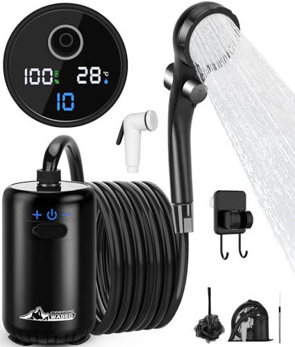 WADEO verbesserte Campingdusche Akku mit Pumpe, 10 Gänge Schaltung, 6000-mAh-Akku für 3 Stunden Laufzeit, mit doppelter Digitalanzeige, Mobile Duschen Outdoor für Camping Reisen Garten (Schwarz)