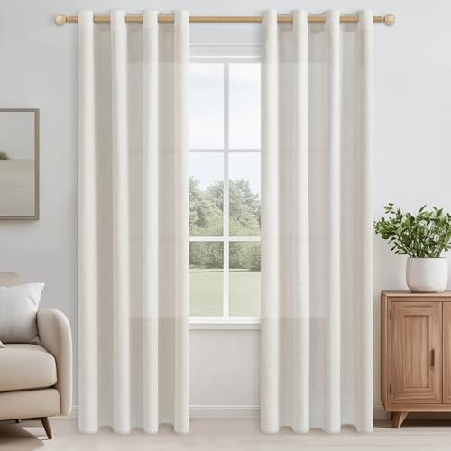 CUTEWIND Rideaux Voilage Effet Lin Ivoire Blanc pour Salon Moderne Lot de 2 Panneaux de Rideaux Voilages Intérieurs à Oeillets Rideau Voile Translucide pour Fenetre Chambre Baie Vitrée, 140x225 CM