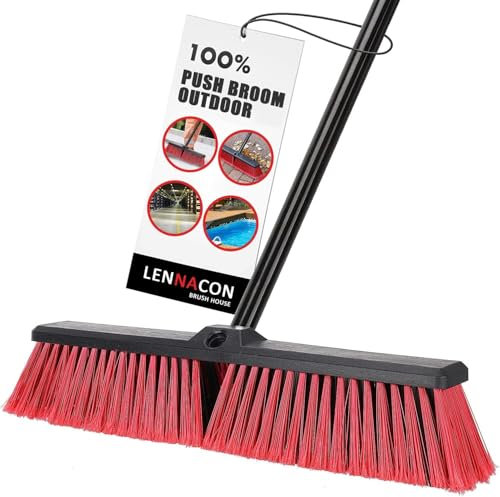 18in Push Broom Outdoor Heavy Duty, Snow Broom with Long Handle, Shop Broom Garage Push Broom for Garden, Patio, Garage, Bathroom, Kitchen, Tub, Carpet, Tile, Deck, Concrete, Industrial (Red)