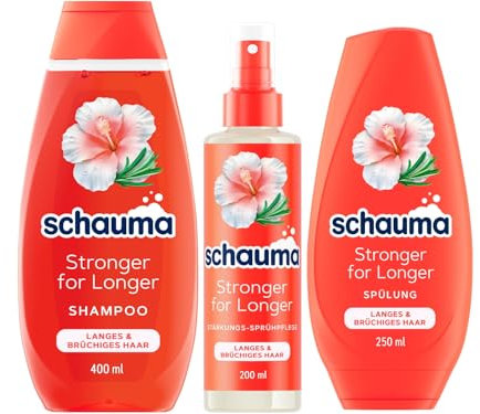 SCHAUMA Stärkungs-Shampoo Stronger for Longer (40 ml) & Sprühpflege (200ml) & 5&5 Multitalent-Kur (300ml) stärkt langes Haar, Rosmarin & Hibiskus, Hitzeschutz für intensive Pflege & weniger Haarbruch
