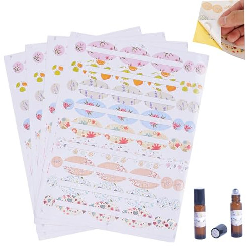 Allzweck-Etiketten, Etiketten mit ätherischen Öl, 4 Blätter PVC-Öl für Glasflaschen, farbenfrohe kosmetische selbstklebende Etikett, niedliches für Flaschen Essentielles für Flaschen