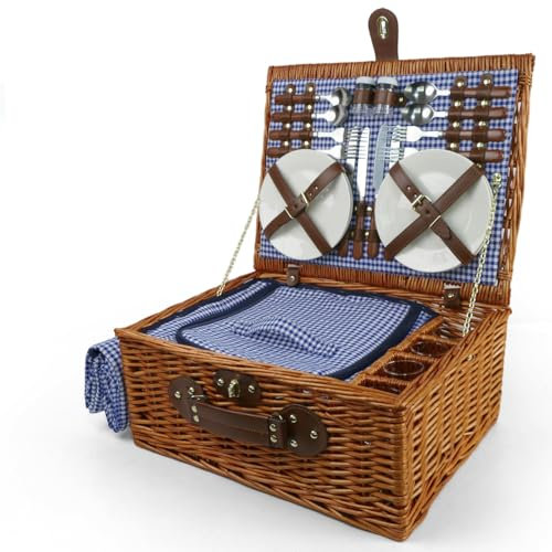 STARNINE Premium Picnic Basket Set For 4 Handmade Willow Picnic Hamper For Family With Plates Cutlery Glasses Insulated Picnic Basket With Picnic Mat For Camping BBQ Lunch