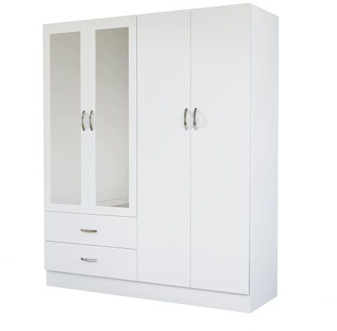 Nera 4 Door Wardrobe with Mirror Shelves and Hanging Rail Tall Wardrobes for Bedrooms Storage (Matt White)