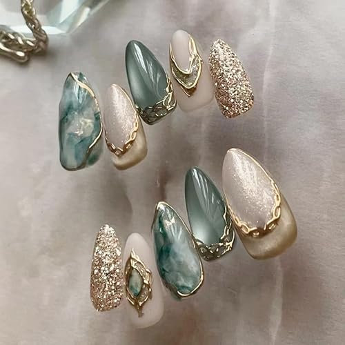 Faux Ongles Court MouyouGlow,Amande Bleu Foncé Marbre Or Striped Cat Eye Sparkly Press on Nails avec Colle à Ongles,Natural Wellenlinie Été INS Shimmer Phototherapy Fake Nails