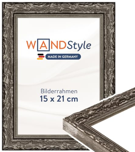 WANDStyle silberner Bilderrahmen 15x21 Holz, Bilderrahmen Silber Vintage | Hochwertiger Holzbilderrahmen Antik, Posterrahmen aufstellbar, Rahmen 21x15 cm, Fotorahmen H530 Made in Germany