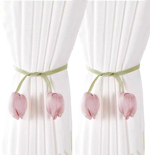THXFUNAREA Raffhalter für Vorhänge,2 Stück Vorhang Raffhalter, Niedlich Tulpe Gardinenclips Vorhanghalter, Rosa Blumen Raffhalter für Vorhänge, Gardinen Seil für Haus Kinderzimmer Deko