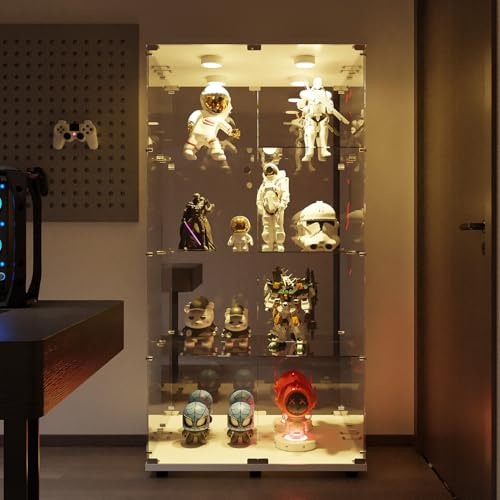 Caluself Glasvitrine 4 Ablagen,Weißer Weinschrank 2 Türen, Spiegelrückwand aus gehärtetem Glas, Wohnzimmer Vitrine bodenstehender Glasaufbewahrungsschrank für Zuhause (Weiß/Schwarz)