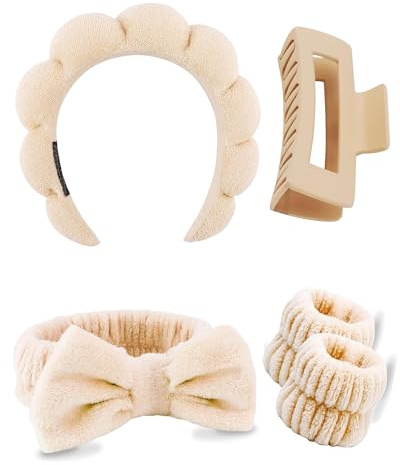 5pcs Spa Headband and Wrist Bands Set for Washing Face, Puffy Makeup Facial Skincare Headbands for Women, Soft Hair Face Wash Accessories for Women Gifts (Khaki)